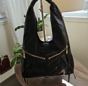 AIMEE Kestenberg Black Leather Hobo Bag with Gold Zipper